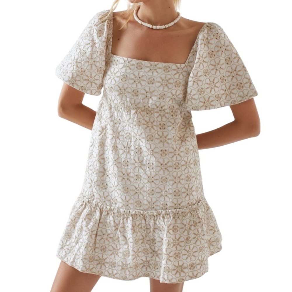 Anthropologie Maeve Smocked Tunic Floral Embroidered Mini‎ Dress Ivory Size XXS